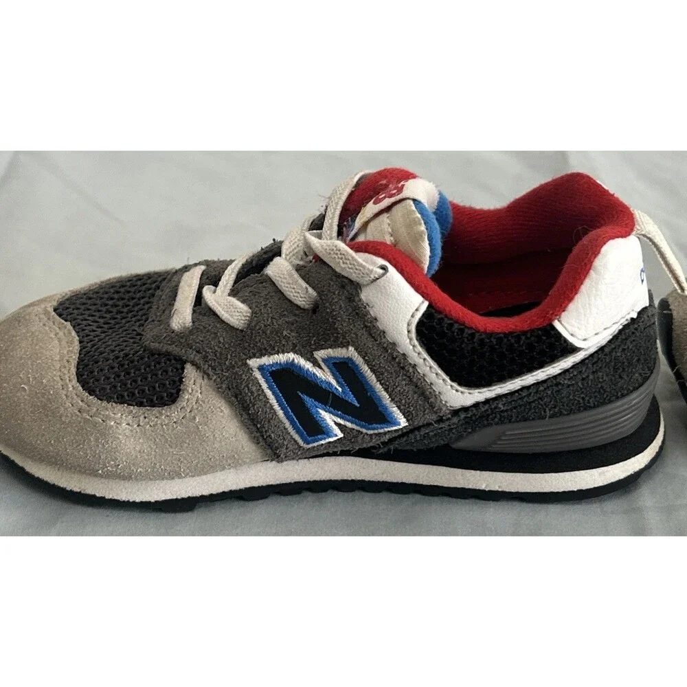 New Balance 574 Bungee Lace Sneakers Grey Blue Red Accent Shoes Sz 8
